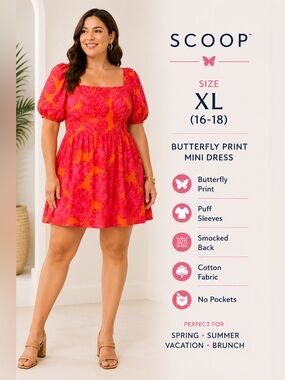 Scoop Butterfly Print Puff Sleeve Mini Dress XL 16-18 Orange Pink Cotton
